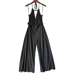TJD Black Ribbed Halter Neck Wide Leg Jumpsuit Palazzo Pants Women's Size S